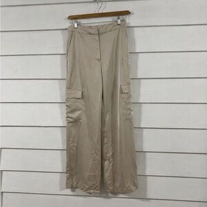 Zara Satin Wide Leg Cargo Trousers Beige Cream xs High Waisted Pants